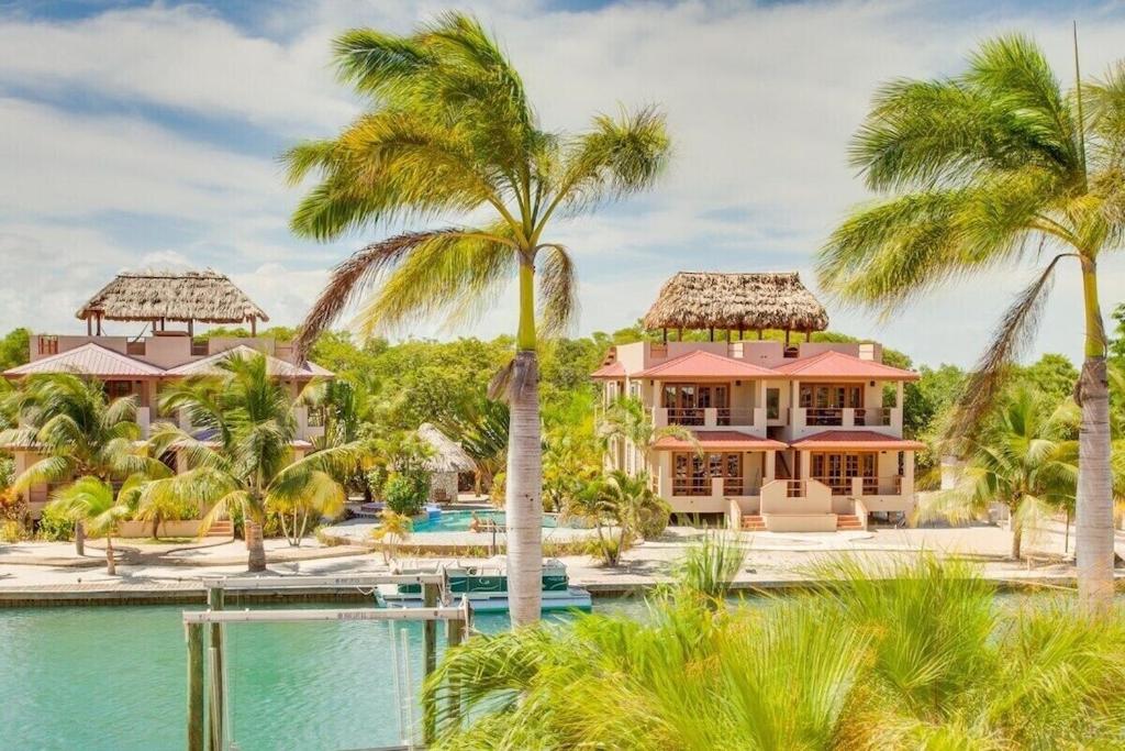 a resort with a swimming pool and palm trees at Magnificent Belize Townhouse-Pool-Private Island in Placencia