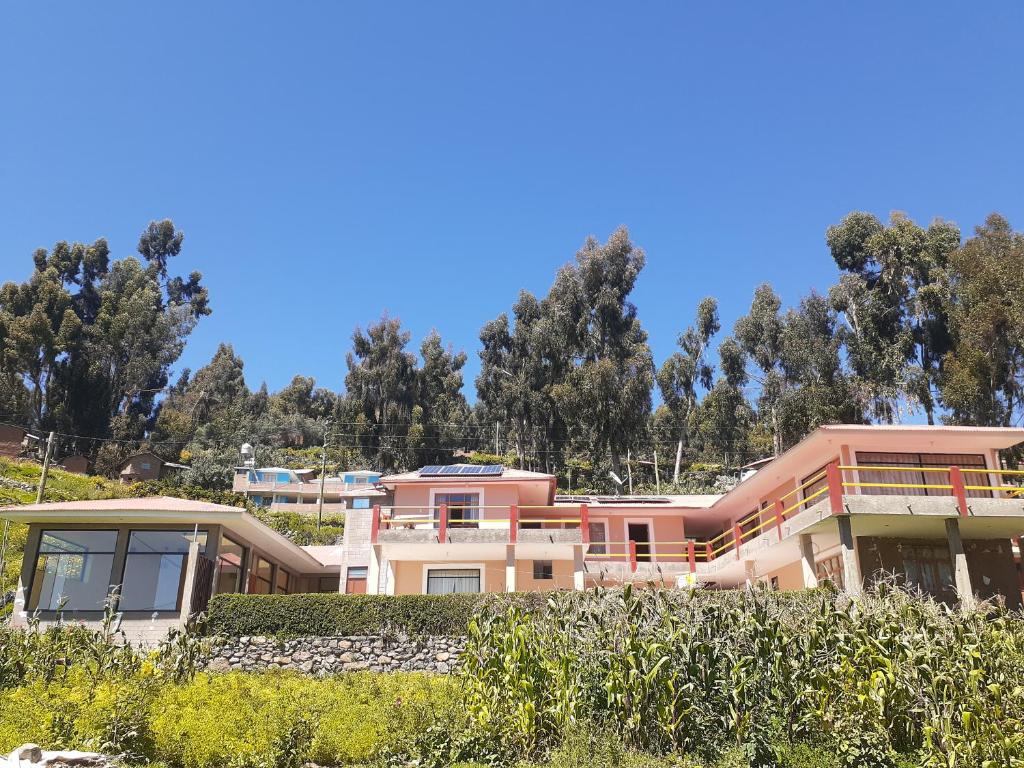 a house on a hill with trees in the background at Musqoy Wasi de Gonzalo in Ocosuyo