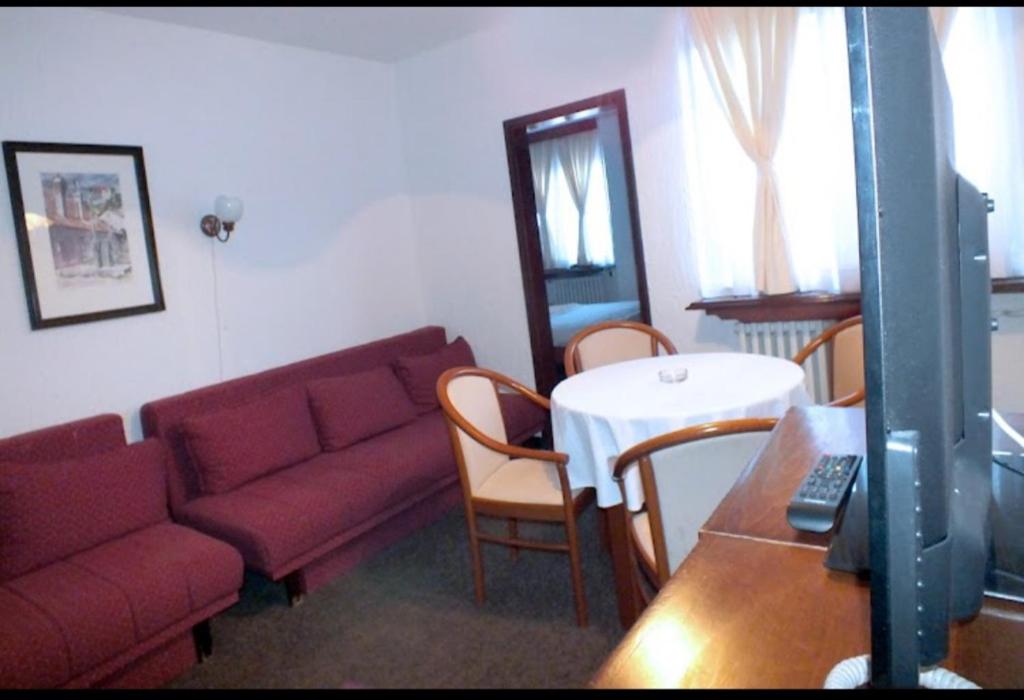 a living room with a couch and a table at Apartman Kopaonik Brzeće in Brzeće