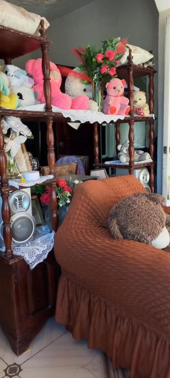 a bedroom with a bed and shelves of stuffed animals at Hideaway at the Harbour in Sussex