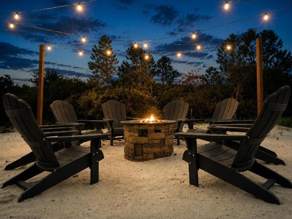 a group of chairs and a table with a fire pit at The Palm LK Private Beach Club 100"TV in Pensacola