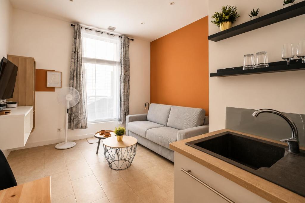 a kitchen and living room with a couch and a sink at Studio narbonne in Narbonne