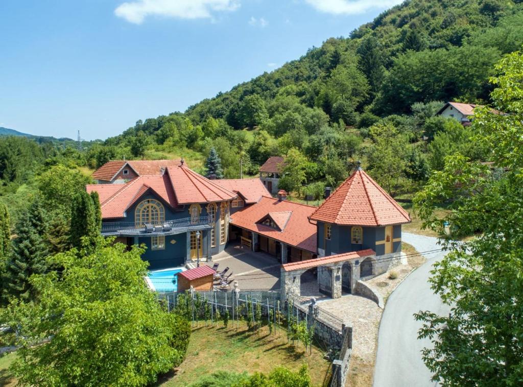 an aerial view of a house in the mountains at Requiem Rustical Heaven Villa with Outdoor Pool in Varaždin