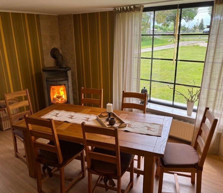 a dining room with a table and a fireplace at Ferienhaus Eichenallee in Massow