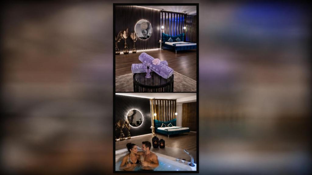 eine Collage aus drei Bildern eines Hotelzimmers in der Unterkunft Privat-Spa mit Whirlpool und Sauna in Sursee in Sursee