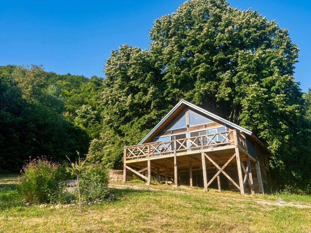 a large wooden house in a field with trees at Sumadijski ranc-Brvnara in Brestovac