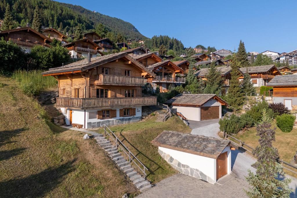 an aerial view of a house in a mountain village at Chalet La Tirelire in Nendaz