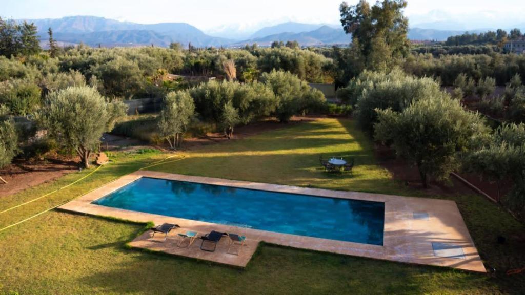 an overhead view of a swimming pool in a yard with trees at Le Paisible Atlas in Marrakesh
