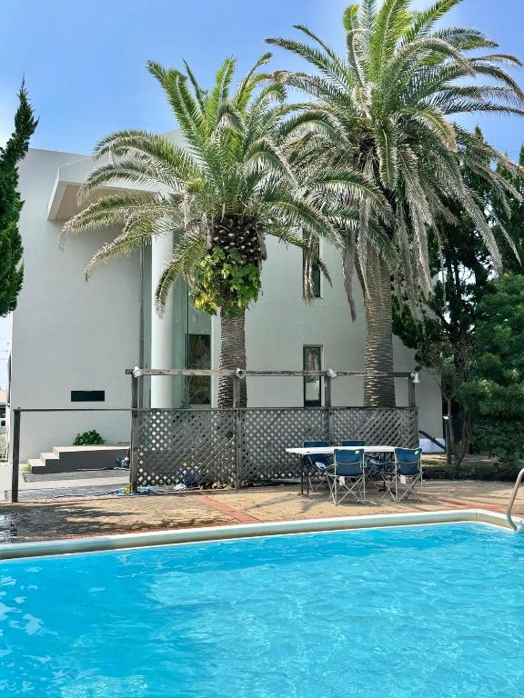 a house with two palm trees and a swimming pool at Villa aco's in Ako