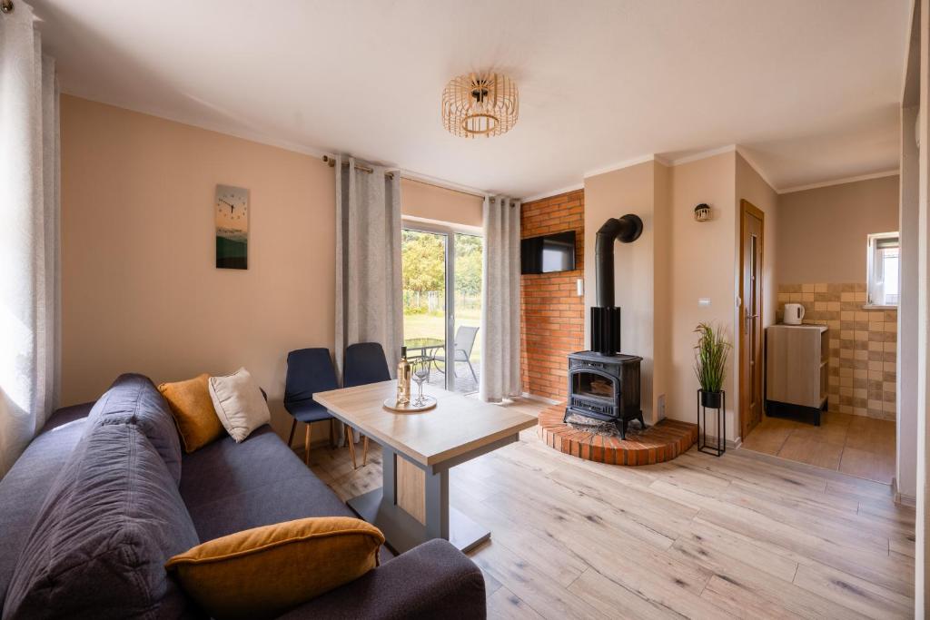 a living room with a couch and a fireplace at Mazurski domek in Mrągowo