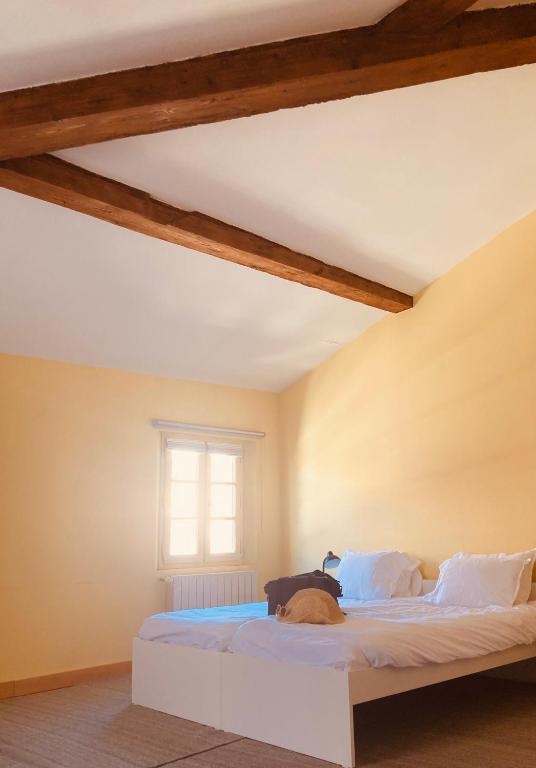 a dog laying on a bed in a bedroom at Le Bel Angle in Arles