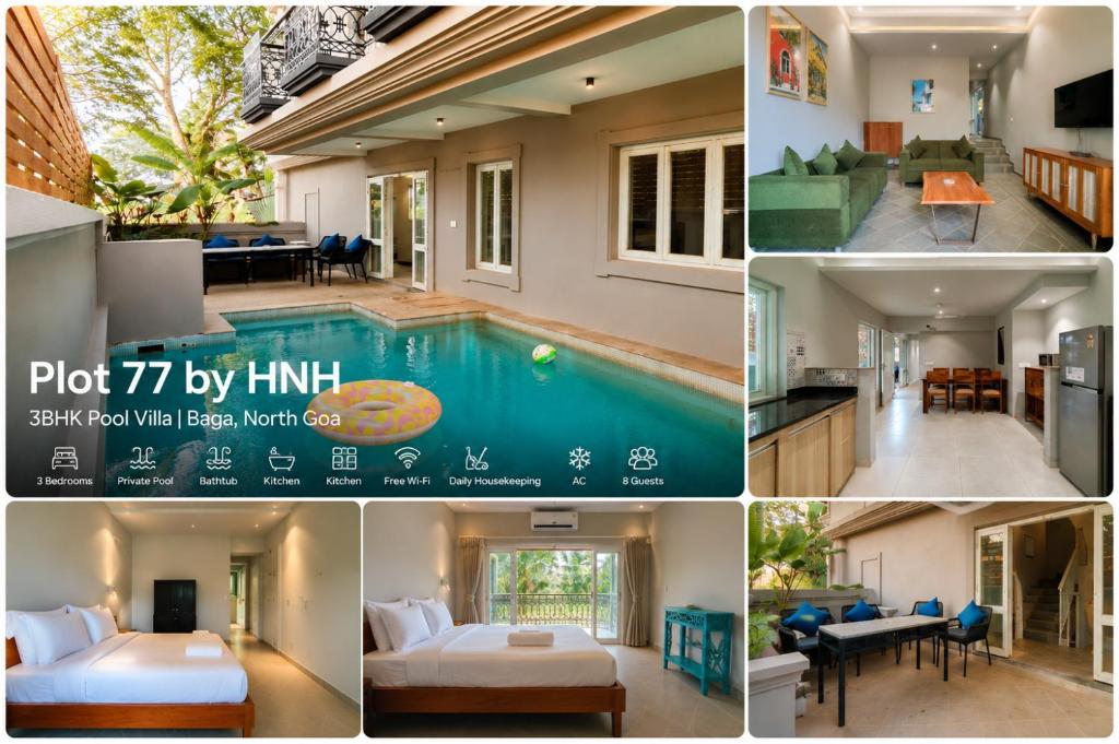 a collage of photos of a house with a swimming pool at Plot 77 by hnh in Baga