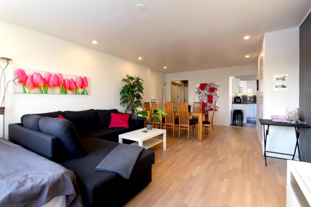 a living room with a black couch and a kitchen at Santalux Apartment in Rovaniemi