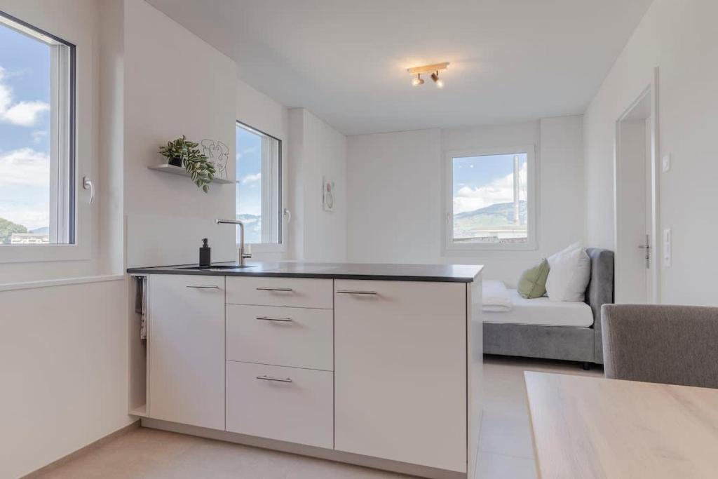 a white kitchen with a sink and a couch at Bluemlisalp Studio - Aare Jungfrau AG in Spiez
