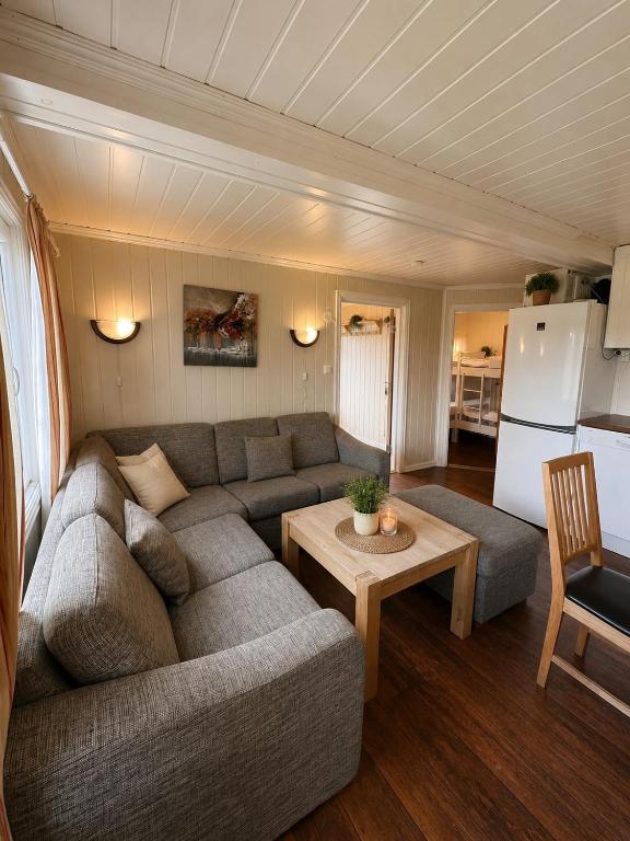 a living room with a couch and a table at Vikinggrenda 5C - walking distance to everything - ski in and out in Trysil