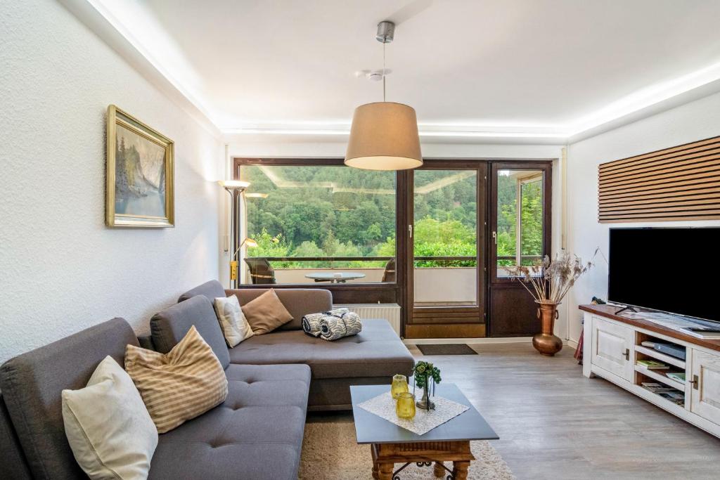 a living room with a couch and a tv at Ferienwohnung Schnucki Lautenthal in Lautenthal