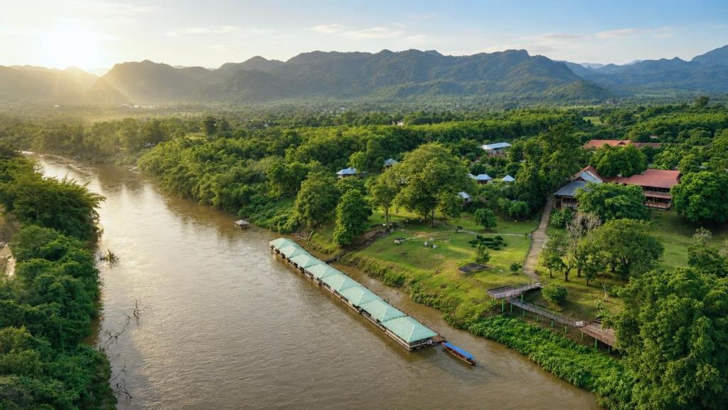 an aerial view of a river with a barge at Pung-Waan Resort in Sai Yok