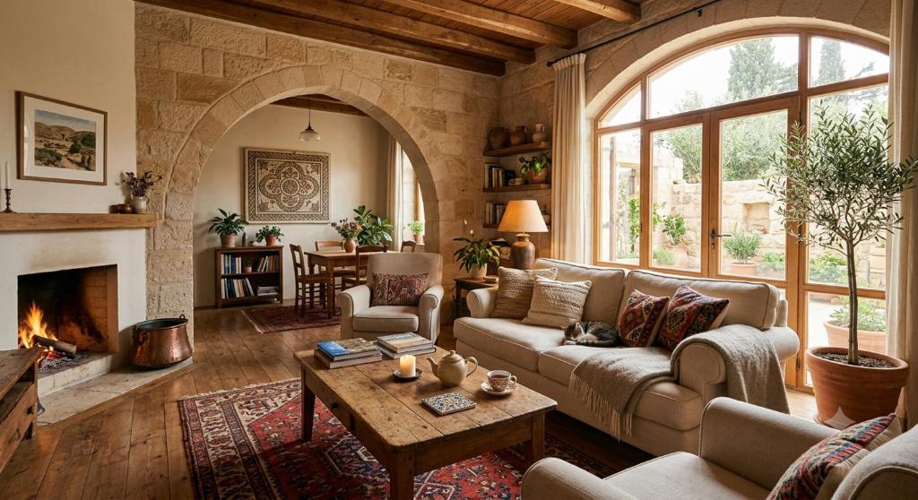 a living room with a couch and a fireplace at Beit Madaba in Madaba