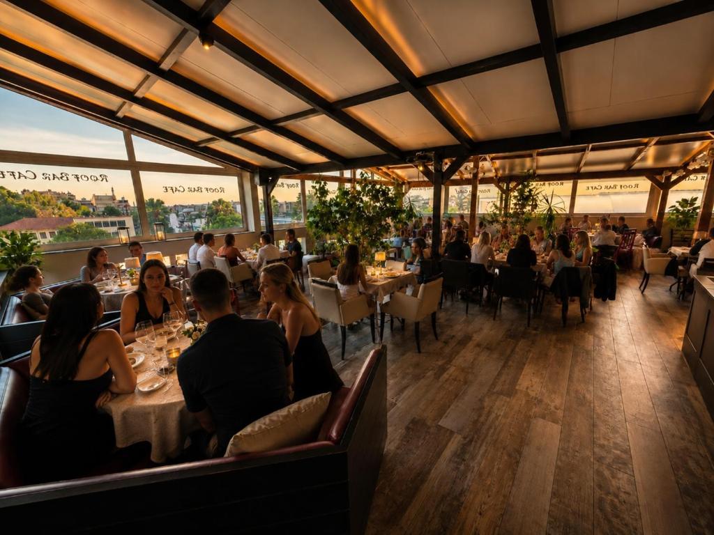 a group of people sitting at tables in a restaurant at Diethnes Hotel in Athens