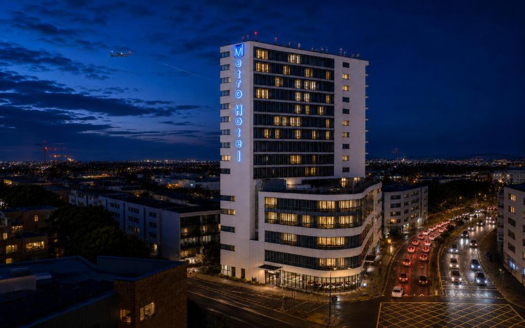 a tall white building at night with cars at Metro Hotel Dublin Airport in Santry