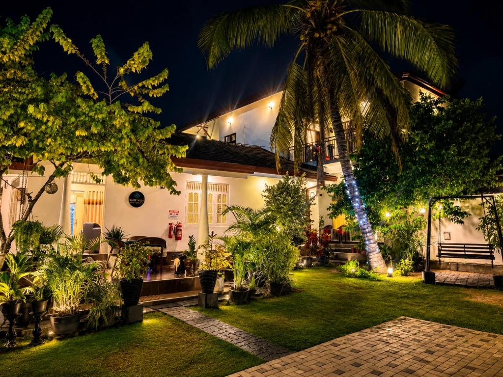a house with a palm tree in the yard at night at White Villa Airport Transit Hotel in Katunayaka