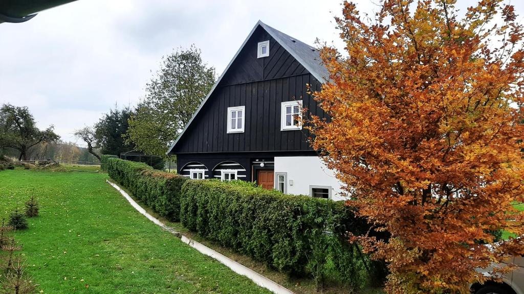 a black and white house with a hedge at Chalupa Lenička in Chřibská