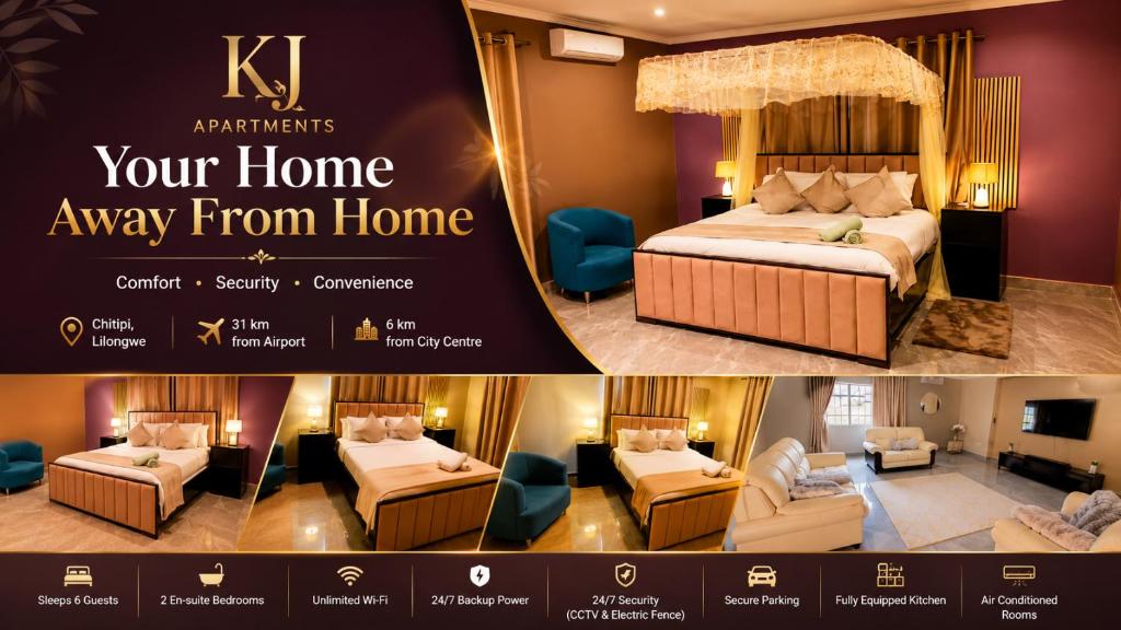 a flyer for a hotel room with a bed and chairs at KJ Apartments in Lilongwe