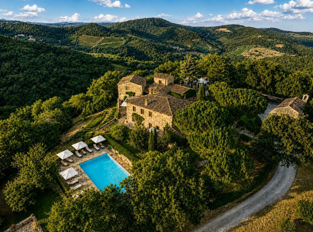 an aerial view of an estate with a swimming pool at Borgo Livernano in Radda in Chianti