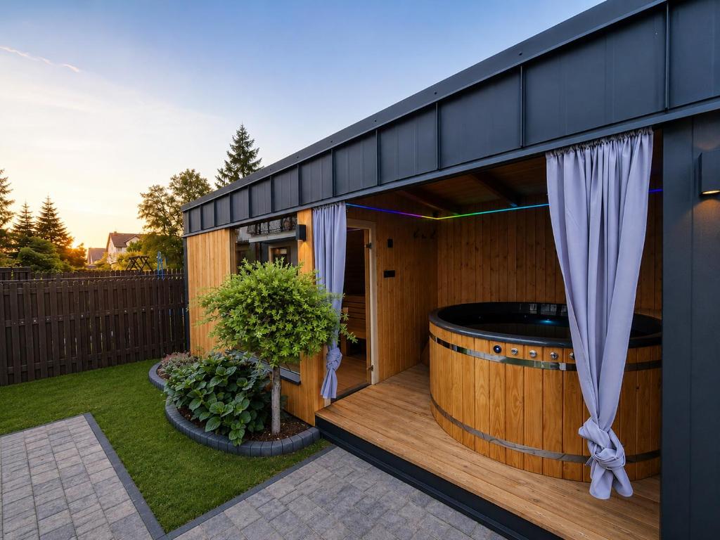 a hot tub in the backyard of a house at Slow Łeba Bałtycka - Klimatyzowane apartamenty z aneksami kuchennymi in Łeba