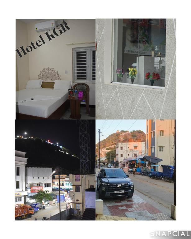 a collage of photos of a city with a bed and a street at Hotel KGR in Palni