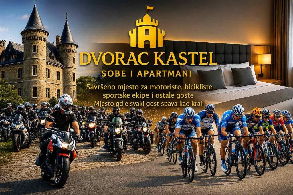 a group of people riding motorcycles in front of a castle at Dvorac Kastel in Ljubače