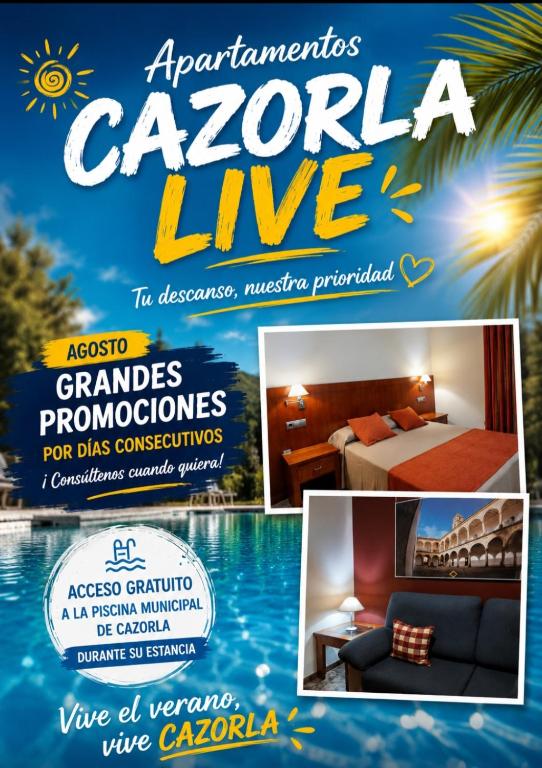 a flyer for a vacation in a resort with a pool at Cazorla LIVE in Cazorla