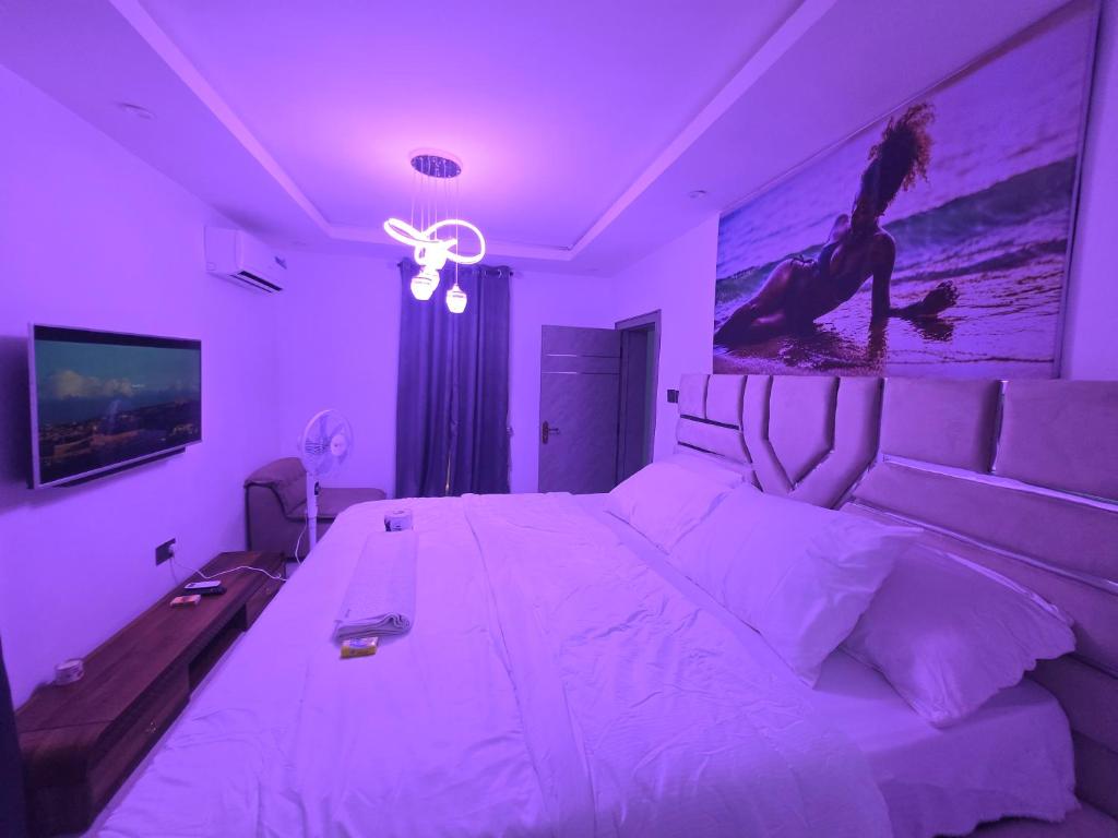 a bedroom with a large white bed with a purple lighting at Virginhomes apartment in Jibowu