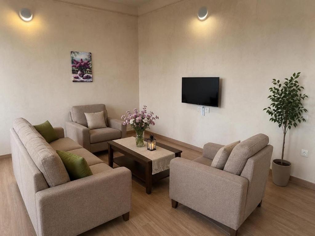 a living room with two couches and a tv at Farmer's Guest House in Telavi