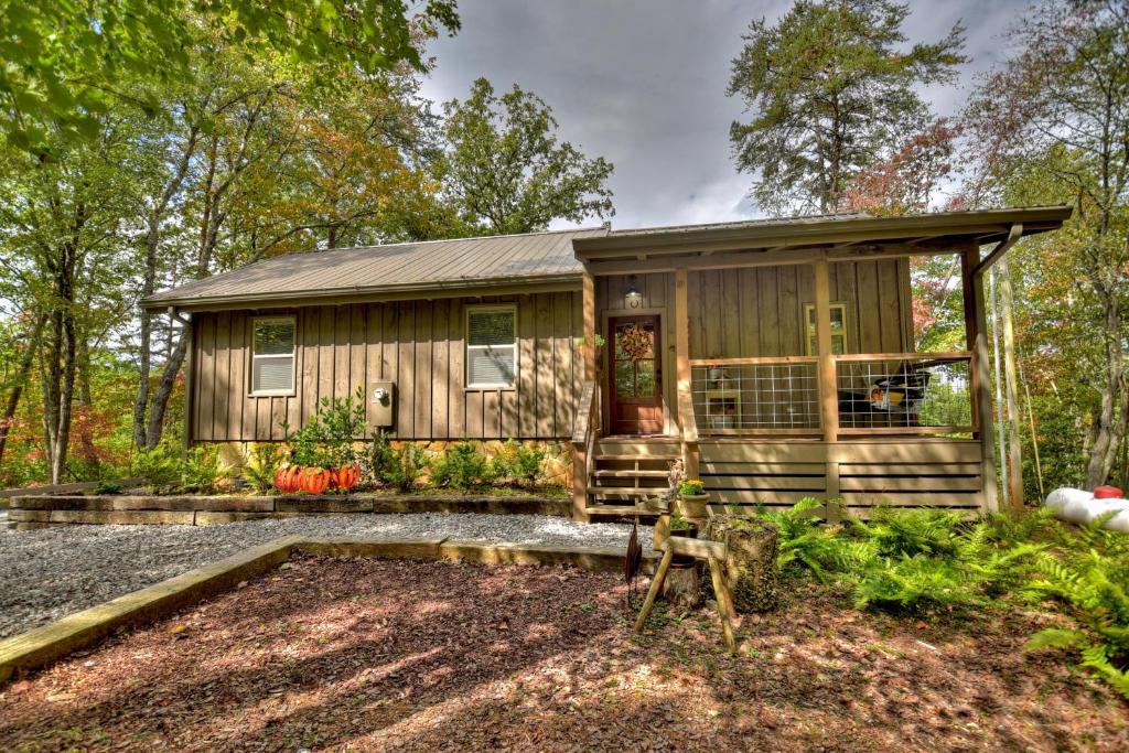 a tiny house in the woods with a yard at Blueberry Hill Fire Pit MTN Views Grill in McCaysville
