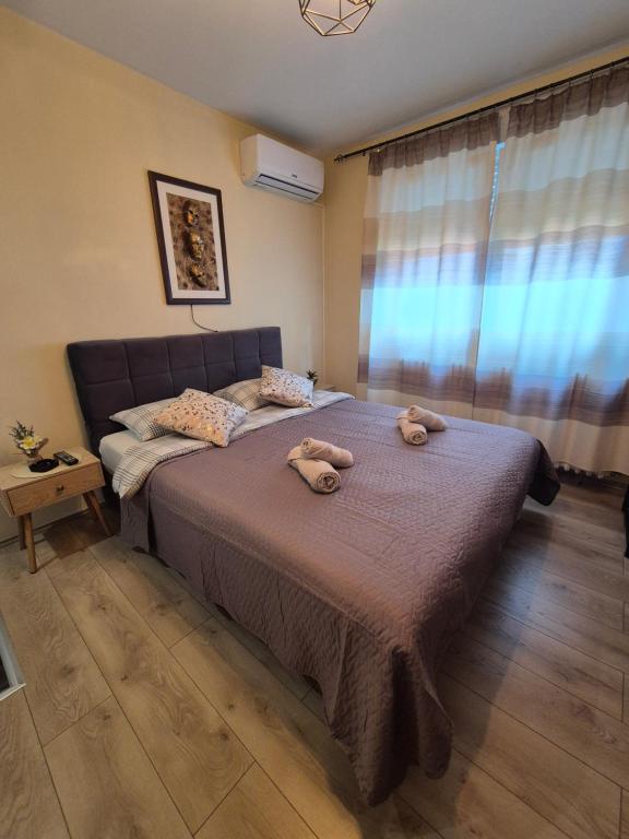 a bedroom with a bed with two stuffed animals on it at Grey Apartments Zaječar in Zaječar