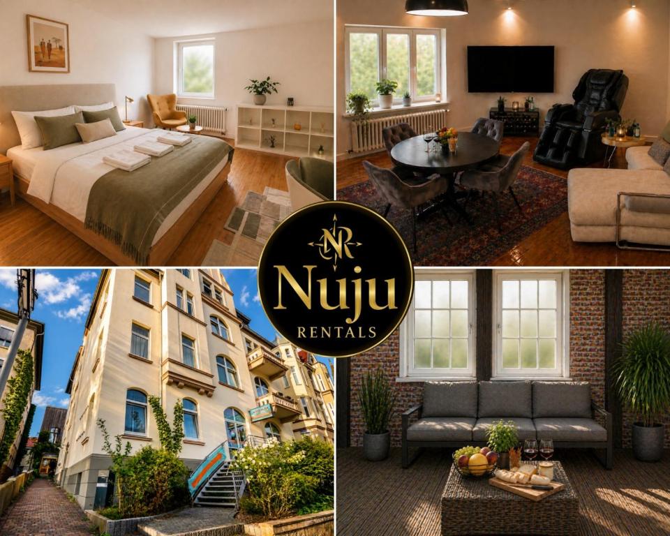 a collage of pictures of a hotel room at NUJU Rentals - 4-Zimmer, 10 Gäste, Wintergarten & Terrasse & Parkplatz in Bielefeld
