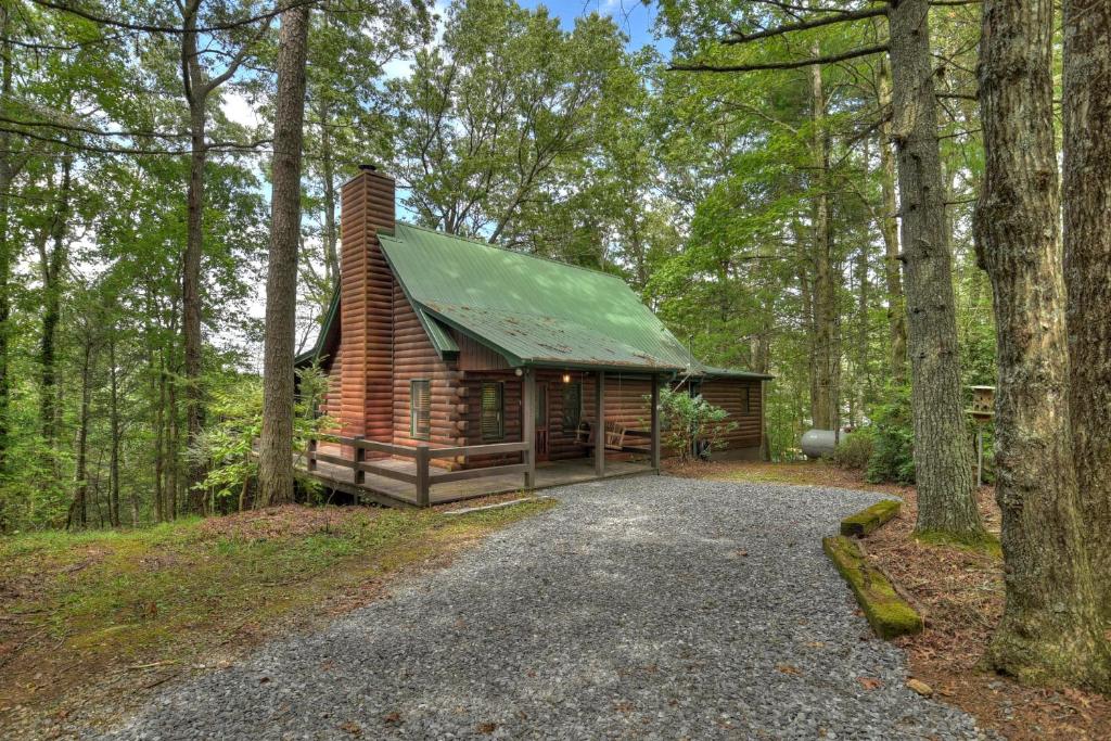 a log cabin with a green roof in the woods at Oscars Outpost Fire Pit Pet Friendly in Mineral Bluff