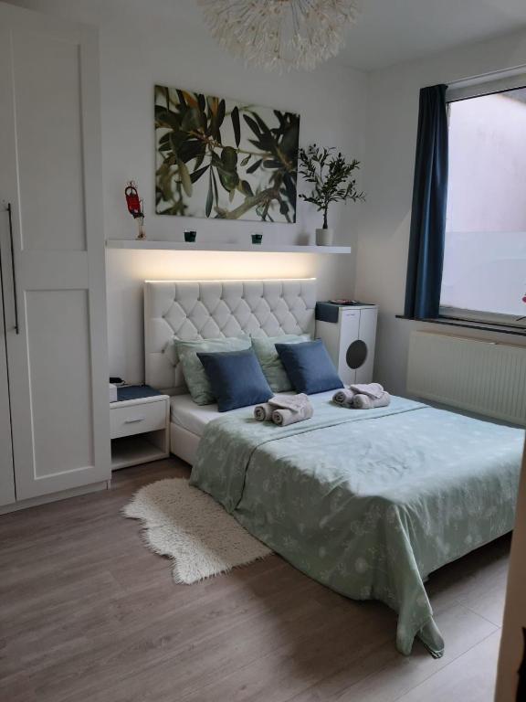 a bedroom with a large bed with blue pillows at Zen Olive Guest Room in Antwerp