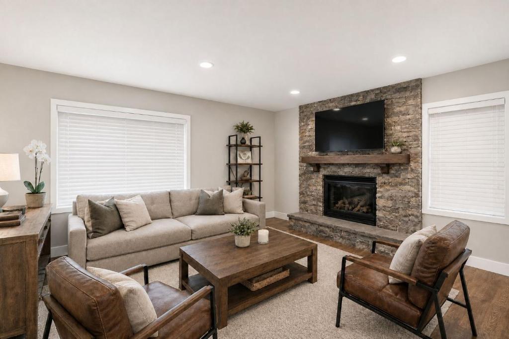 a living room with a couch and a fireplace at Jackson Pines Getaway in Jackson