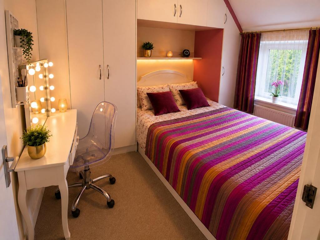 a bedroom with a bed and a desk and a desk at Amethyst Loft Room in Farnham Royal