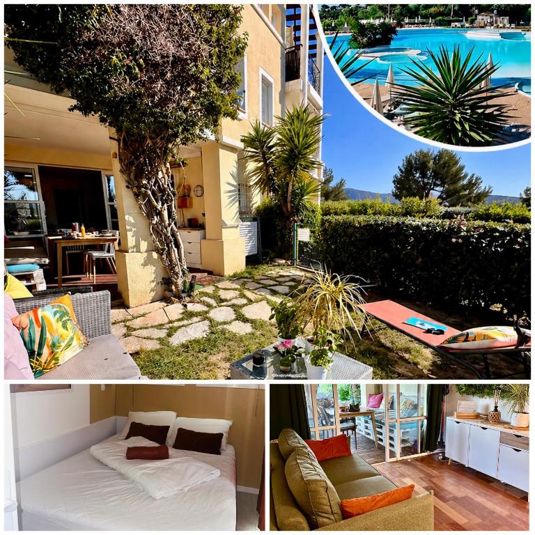 a collage of pictures of a house with a pool at Appartement Premium Genius - Chambre séparée -vue Mer -Jardin Clôturé -Terrasse -Parking - Piscine Chauffée du 04 Avril au 01 Novembre- Saint Raphaël in Agay - Saint Raphael