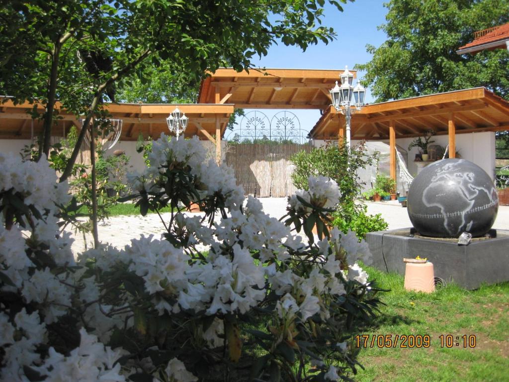 un jarrón grande sentado en un patio con flores blancas en Chalet Valley, en Valley
