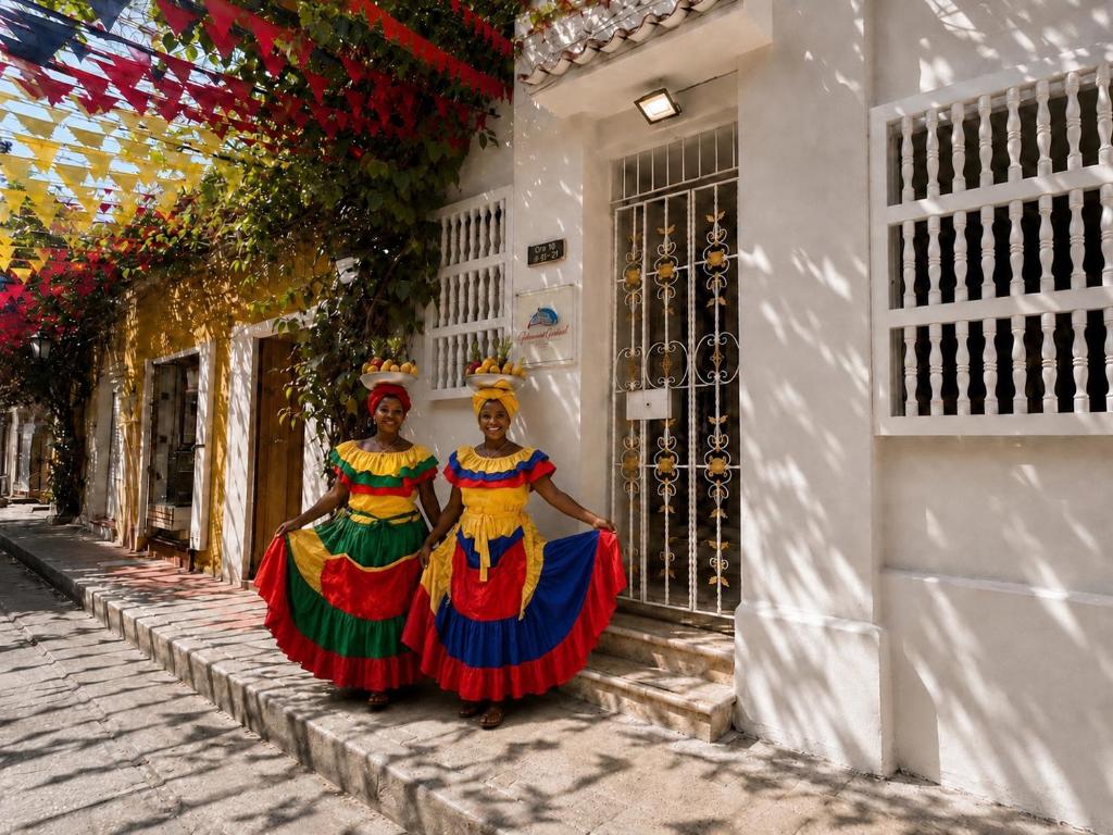 two women in colorful dresses standing next to a building at Hotel Getsemaní Central in Cartagena de Indias