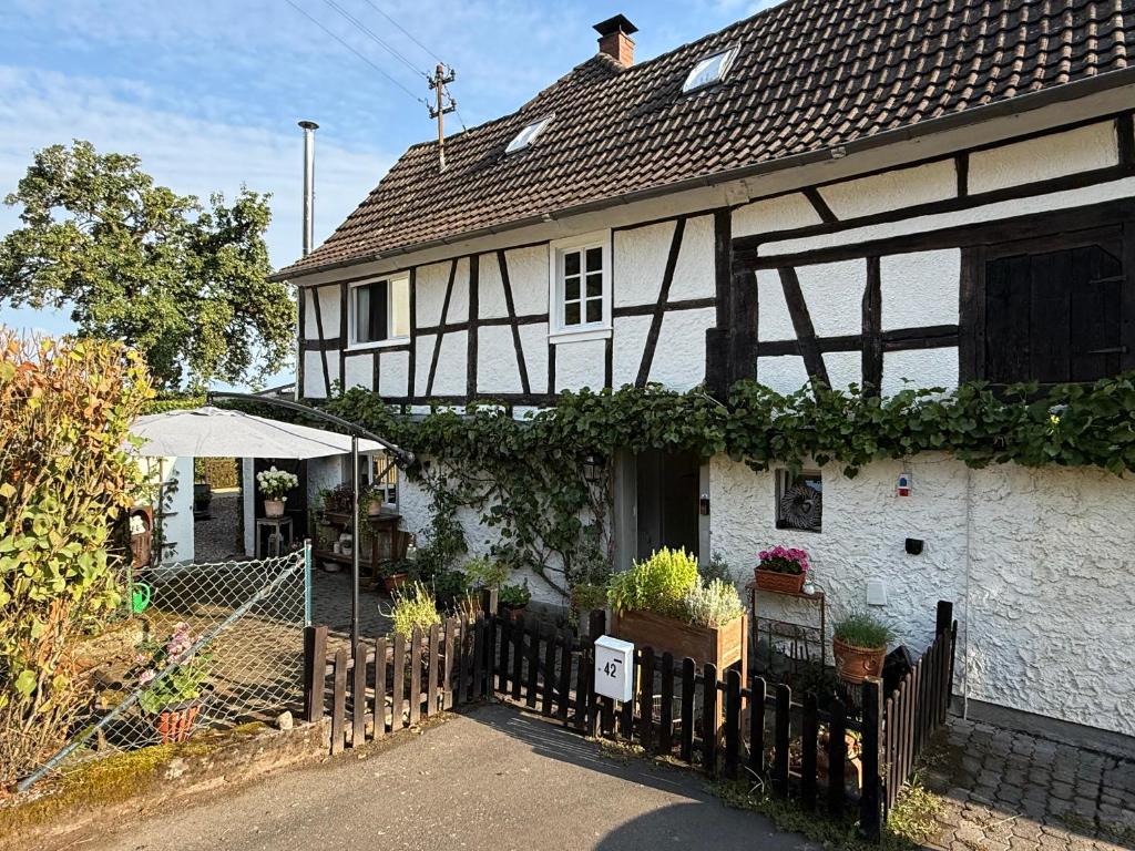 a white and black house with a fence at B&B Heckerfeld in Burglahr