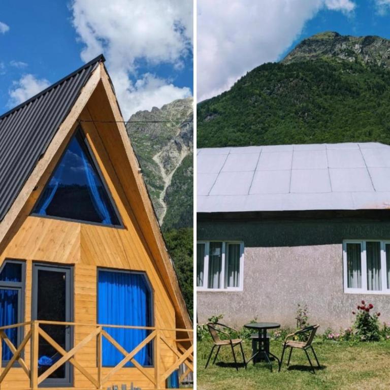 a house with a solar roof and a picnic table at Guest House in Zhabeshi Lali in Zhabeshi