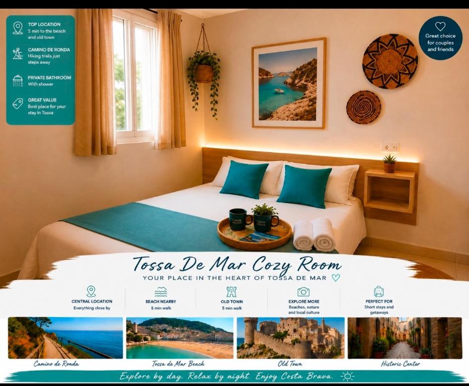a flyer for a hotel room with a bed and a window at Parascheva St Jordi in Tossa de Mar