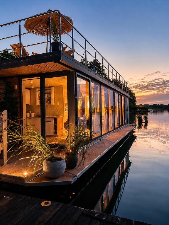 a house boat sitting on the water at sunset at Bohéa Spa Hausboot mit Sauna und Kamin in Schwielochsee