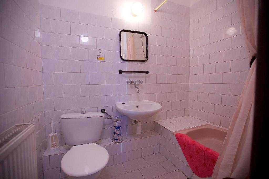 biała łazienka z toaletą i umywalką w obiekcie Hotel Olga w Pradze