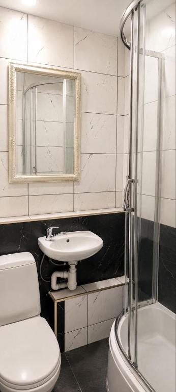 a bathroom with a sink and a toilet and a mirror at Kвартира -студия in Daugavpils